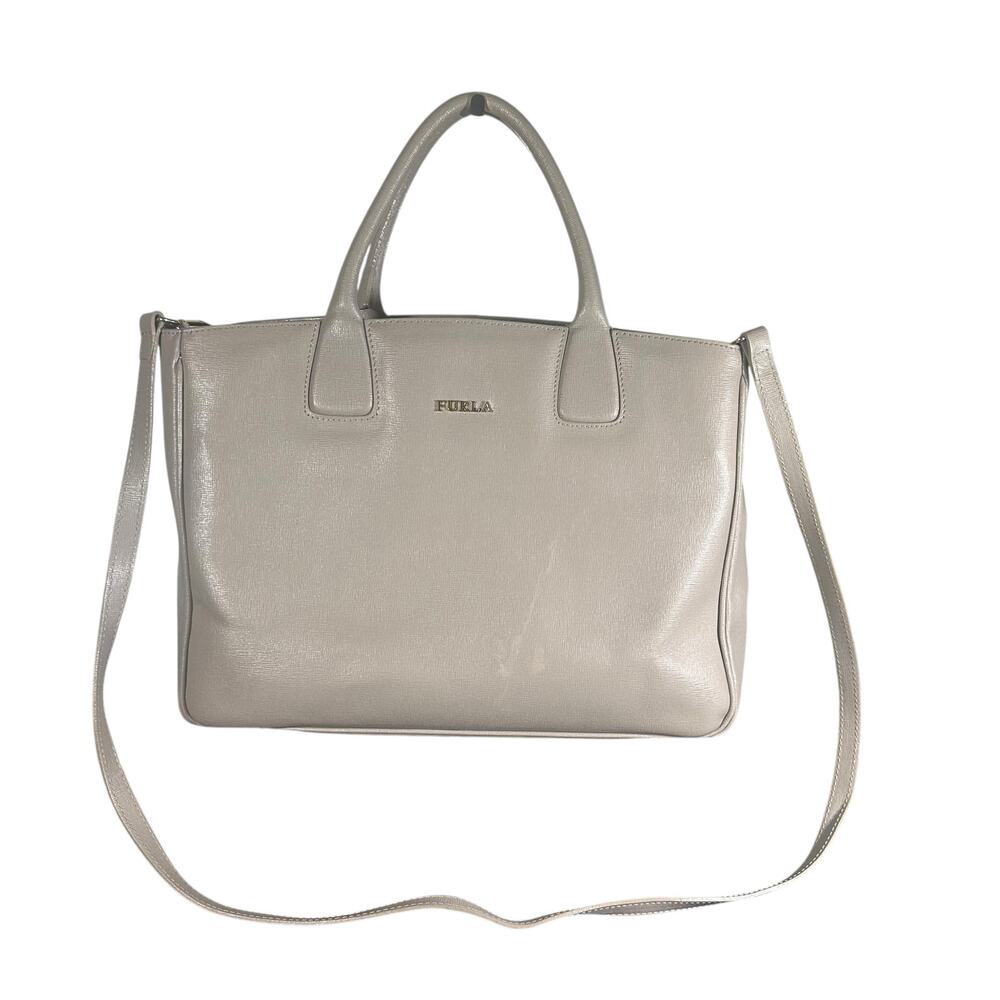 Furla Saffiano Leather Satchel Crossbody Bag Taupe grey Structured Tote Purse